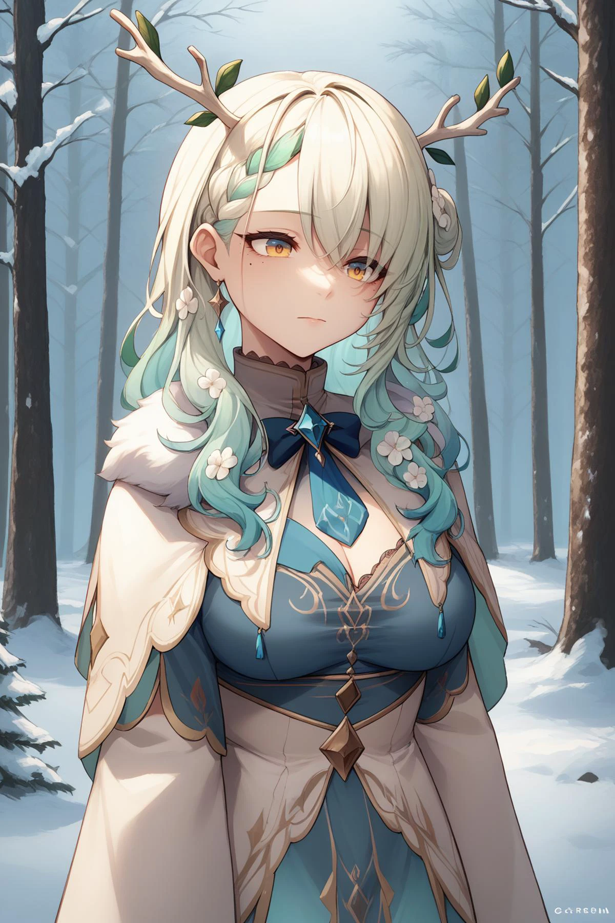 score_9, score_8_up, <lora:ChamCeresFaunaPonyXL:1> CeresFauna, mole under eye, antlers, long hair, braided bangs, hair flowers, light blue hair, white hair, multicolored hair, light blue dress, fur trim, winter, forest, bare trees