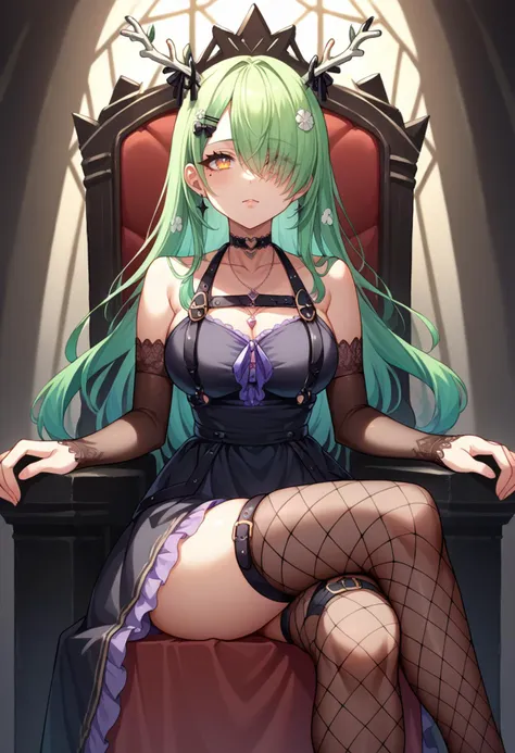 score_9, score_8_up, source_anime, 1girl, solo, FaunaGoth, mole under eye, antlers, long hair, hair over one eye, hairclip, heart choker, necklace, black dress, cleavage, chest strap, elbow gloves, fingerless gloves, o-ring thigh strap, heart o-ring, fishnet thighhighs, indoors, dark, black throne, crossed legs, sitting, on throne, <lora:ChamCeresFaunaPonyXL:1>