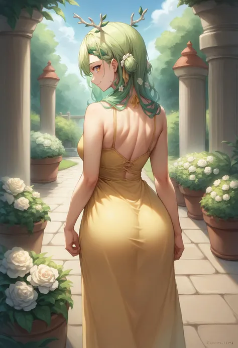 score_9, score_8_up, source_anime, 1girl, solo, CeresFauna, antlers, long hair, braided bangs, hair flowers, from behind, yellow sundress, garden, day, sunshine, smile, looking back, <lora:ChamCeresFaunaPonyXL:1>