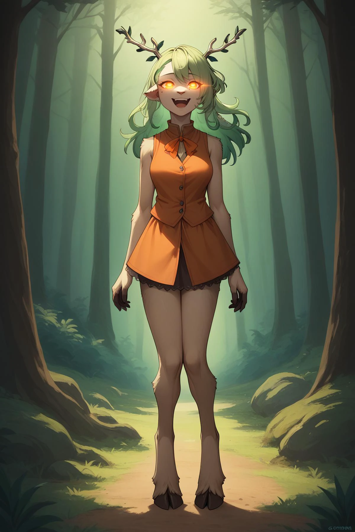score_9, score_8_up, 1girl, solo, <lora:ChamCeresFaunaPonyXL:1> CeresFauna, mole under eye, antlers, long hair, digitigrade, goat tail, orange vest, sleeveless, forest, glowing eyes, laughing, dark, night, fur on legs, brown fur