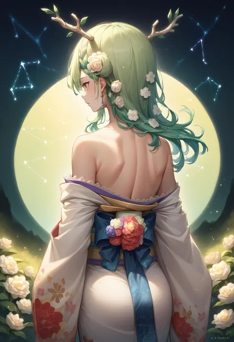 score_9, score_8_up, source_anime, 1girl, solo, CeresFauna, antlers, long hair, braided bangs, hair flowers, aurora, back, bare back, bare shoulders, constellation, from behind, kimono, light particles, long sleeves, off shoulder, <lora:ChamCeresFaunaPonyXL:1>