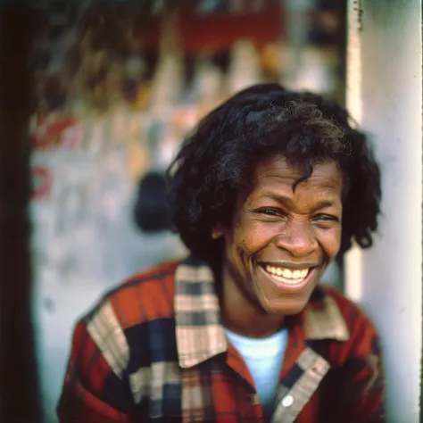 portrait closeup of laughing homeless woman, new york city,  tattered clothes,Kodak Portra 400, expired film, film grain, raw, high details, intricate details, soft lighting