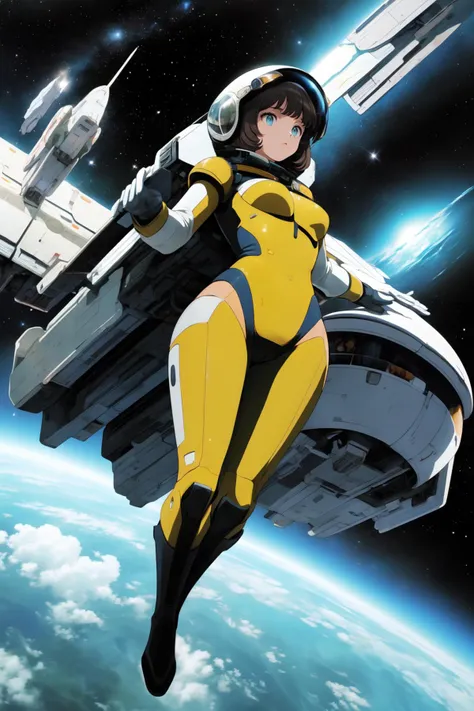 (masterpiece, top quality, best quality, official art, beautiful and aesthetic),1 girl in pilotsuit in a retro spacecraft,(full body),hovering in air,from below,helmet,gloves,boots,cutout bodysuit,spaceship in space,dark white,light azure,yellow,<lora:Clothing -:1>,<lora:spacecraft-000002:0.8>,