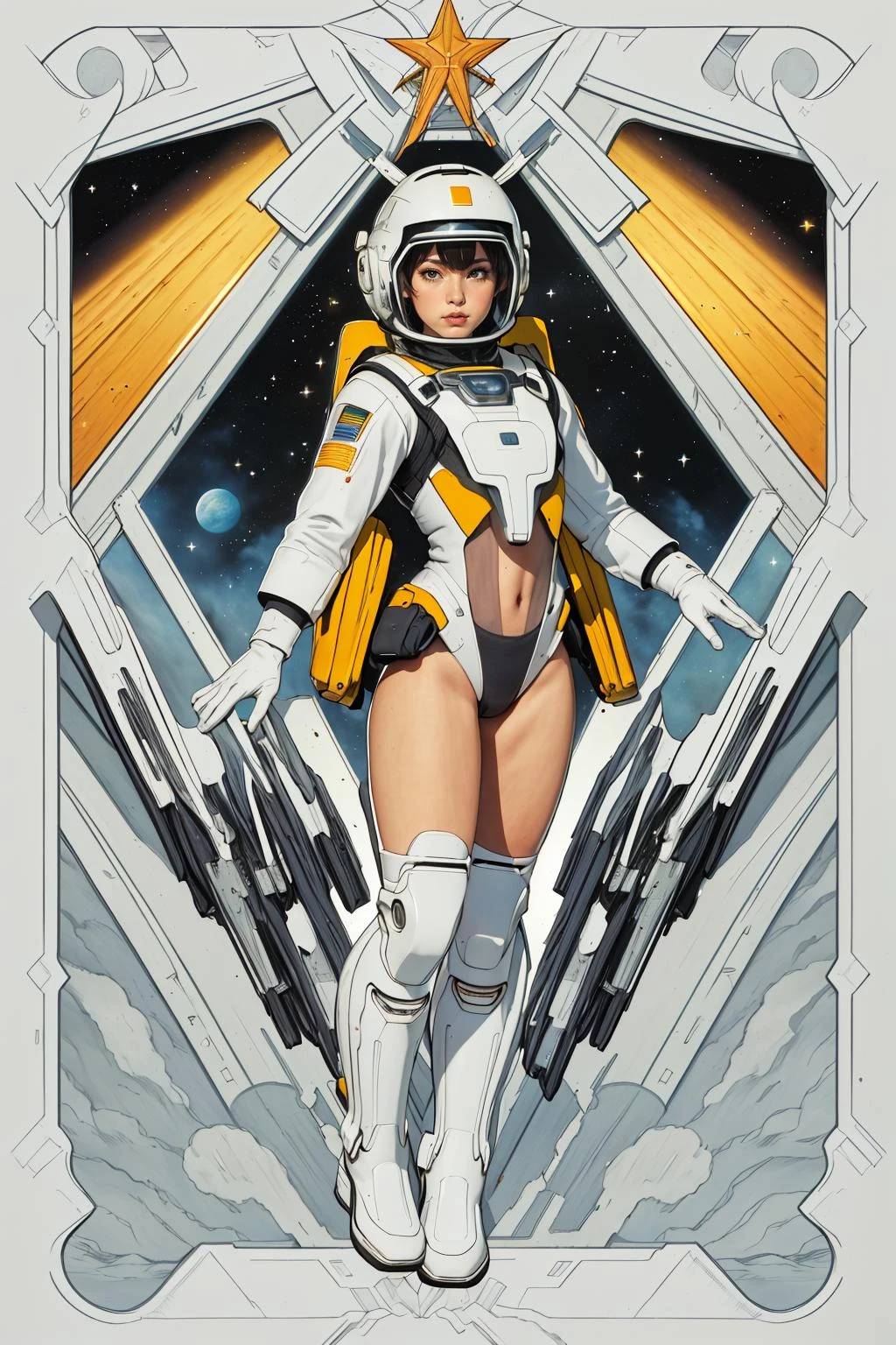 (masterpiece, top quality, best quality, official art, beautiful and aesthetic),1 girl in pilotsuit in a retro spacecraft,(full body),symmetry,backpack rocket,hovering in air,lunar,helmet,gloves,boots,cutout bodysuit,spaceship in space,dark white,light azure,yellow,<lora:Clothing -:0.7>,<lora:animetarotV51:1>,tarot,<lora:spacecraft-000002:0.9>,