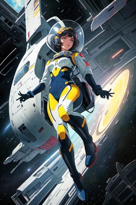 (masterpiece, top quality, best quality, official art, beautiful and aesthetic),1 girl in pilotsuit in a retro spacecraft,(full body),hovering in air,from below,helmet,gloves,boots,cutout bodysuit,spaceship in space,dark white,light azure,yellow,<lora:Clothing -:0.9>,<lora:spacecraft-000002:0.75>,