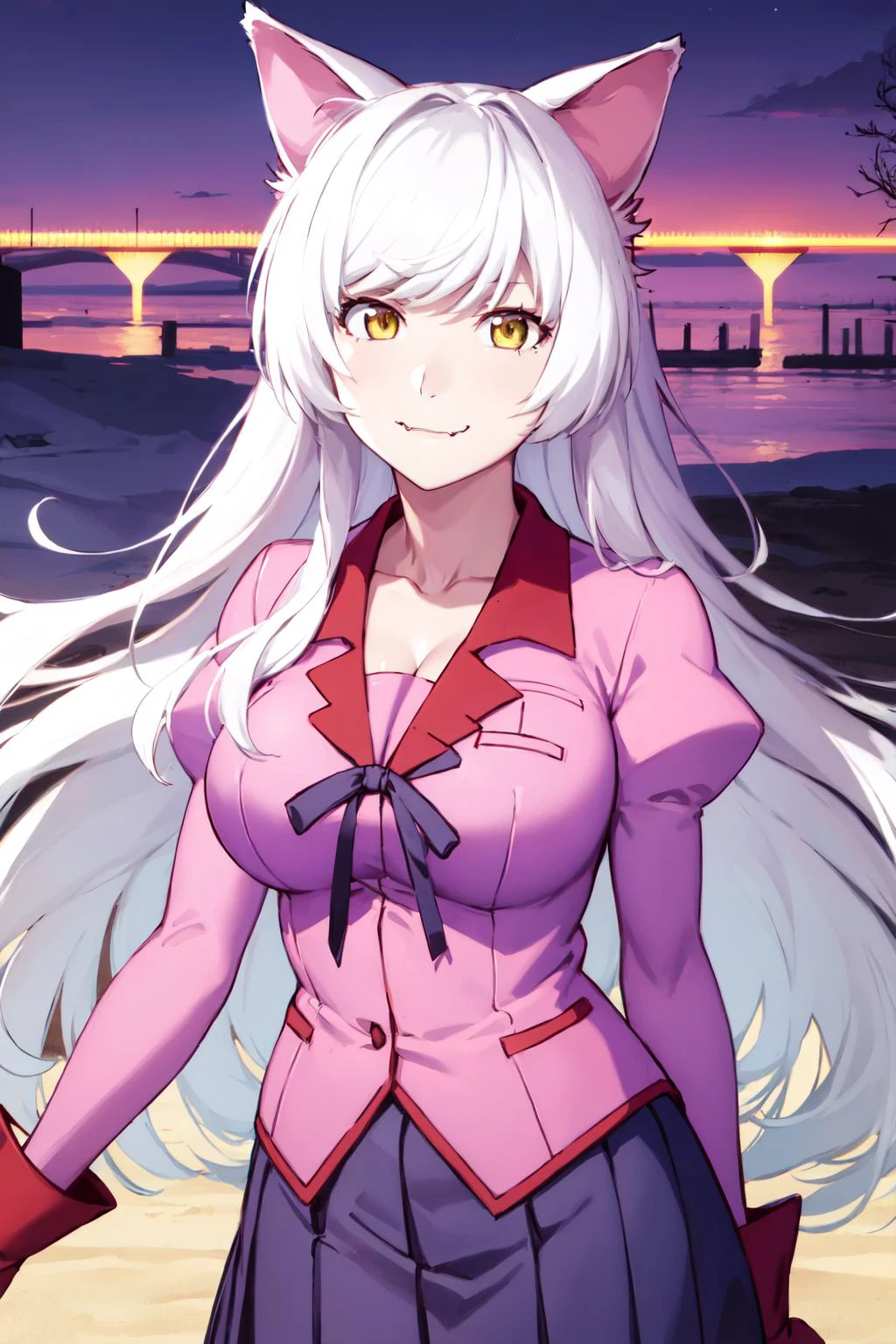 masterpiece, best quality, highres, detailed,
smile, :3,
skirt, long sleeves, school uniform, puffy sleeves, juliet sleeves, naoetsu high school uniform, pink shirt,
hanekawa02, 1girl, solo, very long hair, cleavage, large breasts, yellow eyes, fangs, white hair, cat ears, slit pupils,
cowboy shot,
<lora:hanekawa-tsubasa-v3:1>