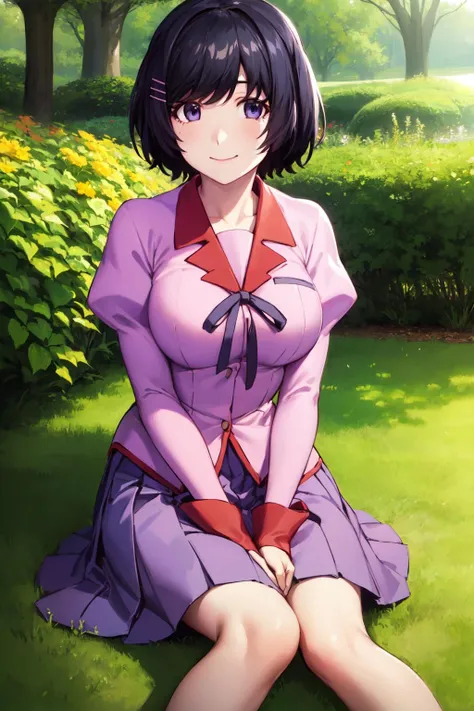masterpiece, highest quality, High resolution, be familiar with, 1 girl, alone, looking at the viewer, smile, , Hanekawa 01, short hair, big breasts,。white panty skirt, black hair, pink shirt, hair ornaments,school uniform, purple eyes, hair clip, long sleeve, plump sleeves, juliet sleeves, naoetsu high school uniform, close, sitting on the ground、spread legs, garden, wood,