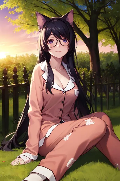 masterpiece, best quality, highres, detailed,
hanekawa01, 1girl, solo, long hair, breasts, purple eyes, smile, large breasts, cat pajamas, glasses, cat print, cat ears, blush, black hair, long sleeves, cleavage, large breasts, sitting, very long hair, closed mouth, full body,
portrait, sitting on the ground,
garden, trees, evening, sunset,
<lora:hanekawa-tsubasa-v3:1>