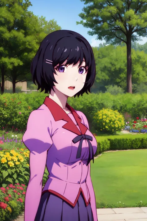 masterpiece, best quality, highres, detailed,
1girl, solo, looking at viewer,
hanekawa01, 1girl, solo, short hair, open mouth, skirt, black hair, hair ornament, long sleeves, school uniform, purple eyes, hairclip, puffy sleeves, no humans, juliet sleeves, naoetsu high school uniform,
cowboy shot,
garden, flowers, trees,
<lora:hanekawa-tsubasa-v3:1>