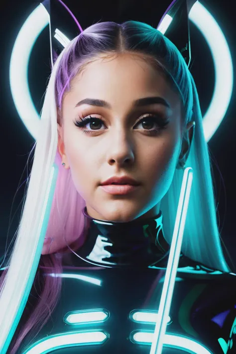 Masterpiece, best quality, 1girl (Ariana Grande), with long flowing iridescent hair in shades of purple, blue, and green, wearing a sleek black bodysuit, standing in a dramatic pose with one hand on her hip and the other holding a glowing, magical crystal ball. In the background, a swirling vortex of light and energy adds to the mysterious and enchanting atmosphere of the scene. glow hair, multicolor hair