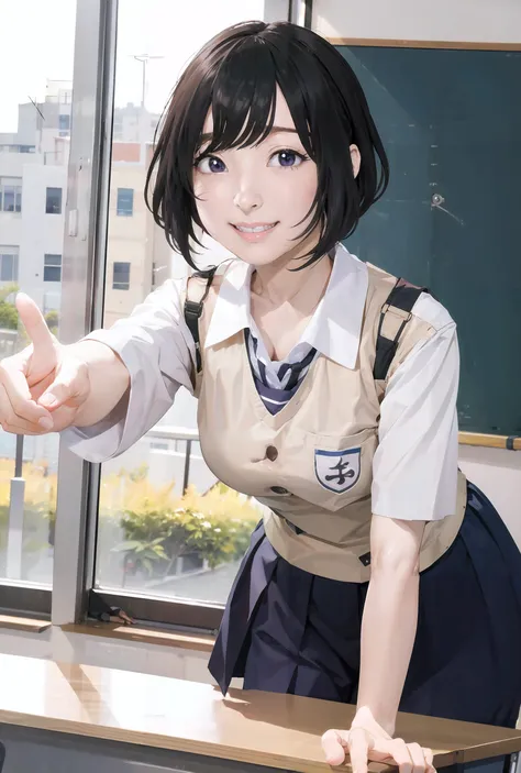 <lora:sakuraayane_lora:1.0>, ayane sakura, school outfit, classroom, leaning forward, pointing at camera, grin