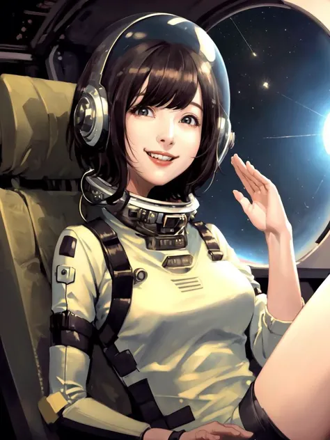 masterpiece, best quality, extremely high detail, sp4c3w0m3n , a smiling woman with short hair, wearing a space suit and helmet floating in space, speaking to a ((microphone)), salute, seiyuu, voice actor, <lora:pulpLadiesOG2v1:0.8>, <lora:sakuraayane_lora:0.8>