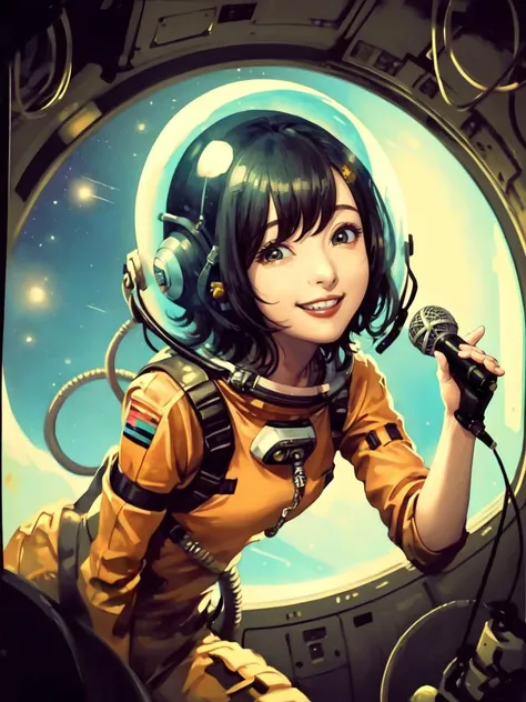 masterpiece, best quality, extremely high detail, sp4c3w0m3n , a smiling woman with short hair, wearing a space suit and helmet floating in space, speaking to a ((microphone)), salute, seiyuu, voice actor, <lora:pulpLadiesOG2v1:0.8>, <lora:sakuraayane_lora:1>