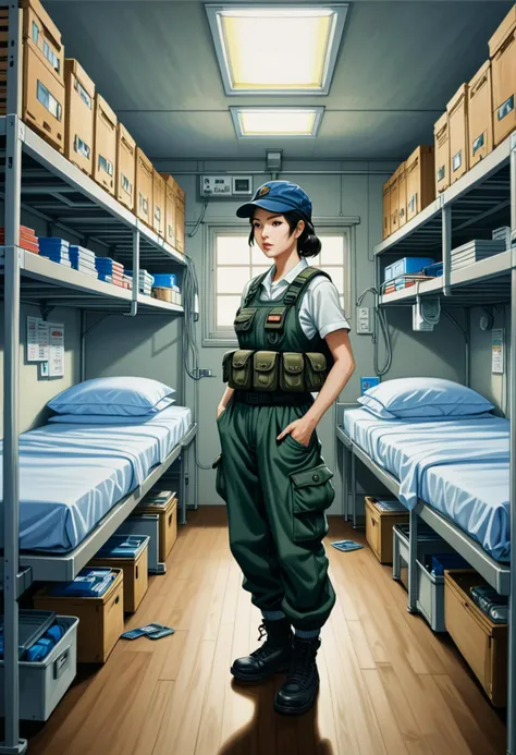 (horror painting by Utagawa Kuniyoshi) of a  woman soldier,             wearing Sleeveless top with tactical vest, cargo pants, combat boots, boonie hat, knee and elbow pads,             set in  military base Medical Bay, Clean room with hospital beds lined up, medical supplies organized on shelves, monitors beeping rhythmically, privacy curtains around each bed, a sink , at sunset award winning, very aesthetic