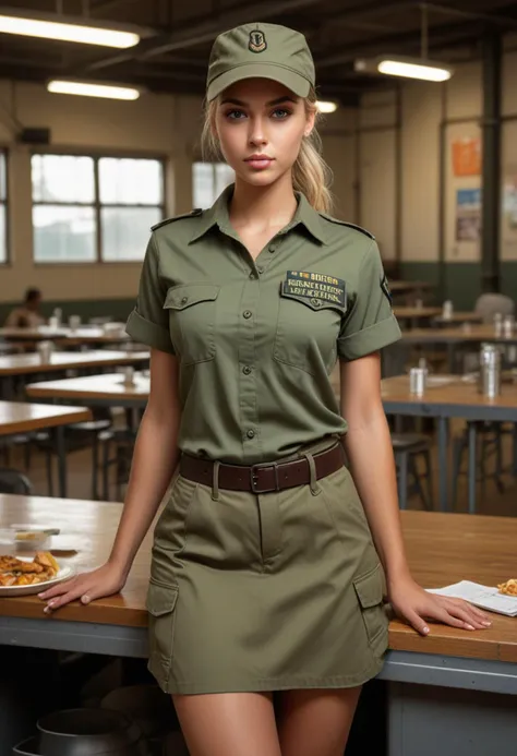 ((fashion photography)), perfect face, perfect eyes, (medium full shot) of  (attractive soldier) young woman, south african, dark eyes, dark skin, dark skin, light brown eyes, normal, blonde hair, wearing Lightweight tactical shirt, cargo skirt, combat boots, baseball cap, knee and elbow pads, set in  military base Mess Hall, Open area with long cafeteria-style tables, a serving counter with trays of food, large windows overlooking the courtyard, recycling bins for waste separation, a bulletin board with announcements , at night, surprised, open mouth, running toward the viewer, masterpiece, best quality, photorealistic, very aesthetic