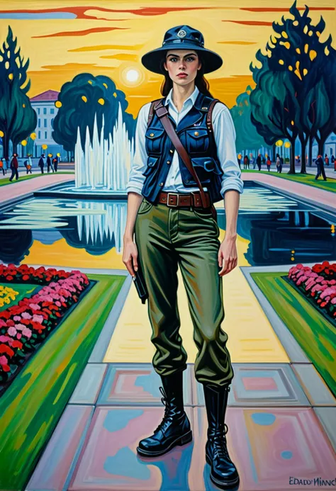 (haunting painting by Edvard Munch) of a  woman soldier,             wearing Sleeveless top with tactical vest, camo pants, combat boots, boonie hat, ammunition magazines,             set in  public park, Fountain Plaza, Central space with a decorative fountain, benches encircling it, flower beds, decorative lighting, paved pathways  , at sunset award winning, very aesthetic