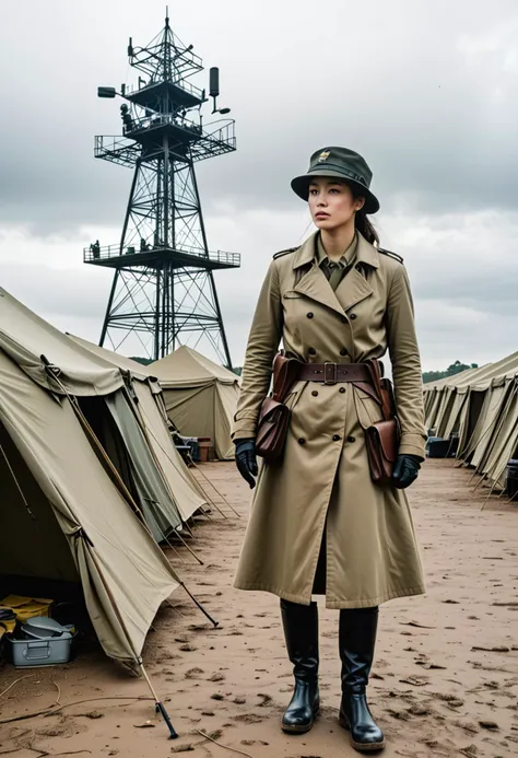 (stacked papercut art by kiri ken) of a  woman soldier,             wearing Heavy-duty trench coat with belt, trousers, leather boots, peaked cap, canteen,             set in  Forward Operating Base (FOB), Encampment with rows of tents and makeshift buildings, soldiers moving about with purpose, vehicles parked in designated areas, a radio tower transmitting signals, dusty terrain stretching into the distance  award winning, very aesthetic