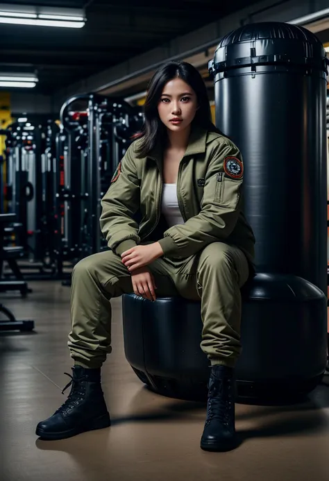 (medium full shot) of (desirable young woman:1.1) soldier, chinese with straight black hair, dark eyes, fair skin, petite,             wearing Bomber jacket with fur collar, aviator sunglasses, trousers, leather boots, flight cap, angry at the viewer,  she's squatting pose,  .set in  military base Gymnasium, Large space with exercise equipment scattered around, weights neatly stacked, a boxing ring in the center, motivational posters on the walls, and a stereo system , at sunset. ,Masterpiece,best quality, photorealistic, amazing quality, very aesthetic, extremely detailed face,