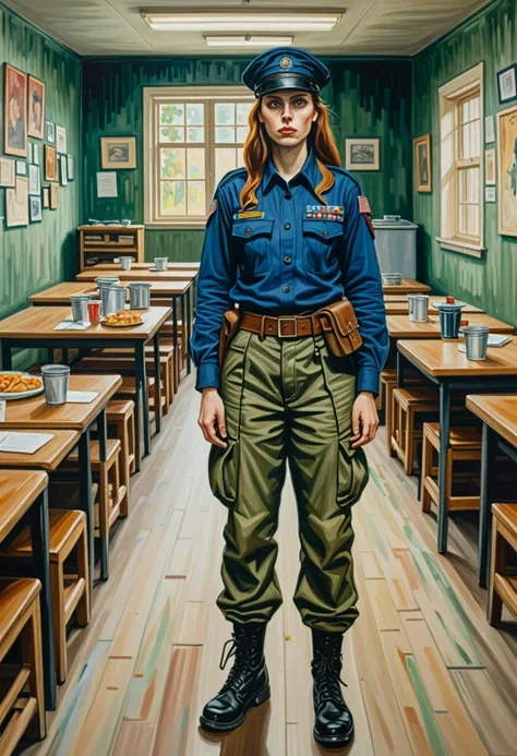 (haunting painting by Edvard Munch) of a  woman soldier,             wearing Tactical shirt with MOLLE webbing, cargo pants, combat boots, baseball cap, camouflage face paint,             set in  military base Mess Hall, Open area with long cafeteria-style tables, a serving counter with trays of food, large windows overlooking the courtyard, recycling bins for waste separation, a bulletin board with announcements  award winning, very aesthetic