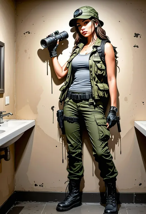 (stacked papercut art by kiri ken) of a woman soldier, wearing Sleeveless top with tactical vest, camo pants, combat boots, boonie hat, binoculars, set in public Toilet, Industrial chic, exposed pipes, concrete floors, stainless steel sinks, Edison bulb lighting fixtures, graffiti-style artwork adorning the walls , at sunset award winning, very aesthetic