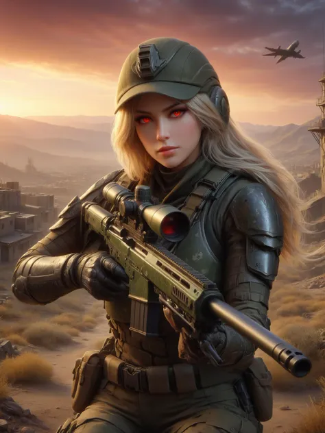 (masterpiece, best quality, ultra-detailed, extremely detailed, intricate details, 8K), 1girl, solo, voluptuous curvy busty sexy milf model, (disciplined soldier) young woman, slim build, long blonde hair, japanese, tan skin, light brown eyes, wearing a combat helmet, camouflage tactical vest, military trousers, reinforced boots, body armor, sunglasses, wielding a combat knife set in military base Communications Room, Secure space with rows of servers humming, technicians monitoring screens, encrypted messages flashing across displays, satellite dishes outside the window, a red emergency phone on the wall , at sunset  <lora:XL_Weapon_Sniper_Rifle_-_By_HailoKnight:0.85> Sniper Rifle