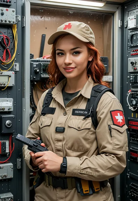 (medium full shot) of (stoic soldier) young woman, Medium build, medium red hair, philippine, light skin, hazel eyes, wearing a tactical cap, desert tan utility shirt, cargo pants, body armor, snow boots, camouflage face paint, body armor, utility belt, wielding a combat knife set in  military base Communications Room, Secure space with rows of servers humming, technicians monitoring screens, encrypted messages flashing across displays, satellite dishes outside the window, a red emergency phone on the wall , at night, woman smiling, ,Masterpiece,best quality, photo, realistic, very aesthetic, detailed face,