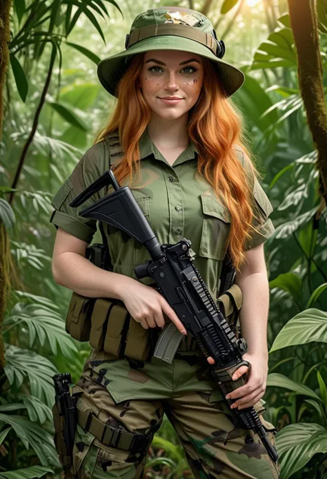 (medium full shot) of (determined soldier) young woman, voluptuous build, long ginger hair, persian, ebony skin, dark green eyes, wearing a boonie hat, woodland camo military shirt, combat pants, body armor, jungle boots, camouflage face paint, tactical holster, knee and elbow pads, wielding a combat knife set in  a tranquil jungle, with abundant blooms, gentle breezes, serene atmosphere, hidden beauty , at sunset, woman smiling, ,Masterpiece,best quality, raw photo, realistic, very aesthetic