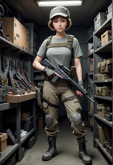 (medium full shot) of (vigilant soldier) young woman, lithe build, short hazel hair, korean, fair skin, light brown eyes, wearing a knit cap, camouflage t-shirt, grey utility trousers, tactical holster, reinforced boots, camouflage face paint, body armor, radio handset , wielding a pistol set in  military base Armory, Industrial room with metal racks holding weapons and gear, ammunition crates stacked neatly, a workbench cluttered with tools, a reinforced door, ventilation ducts in the ceiling , at night, woman smiling, detailed face, ,Masterpiece,best quality, photo, realistic, very aesthetic,