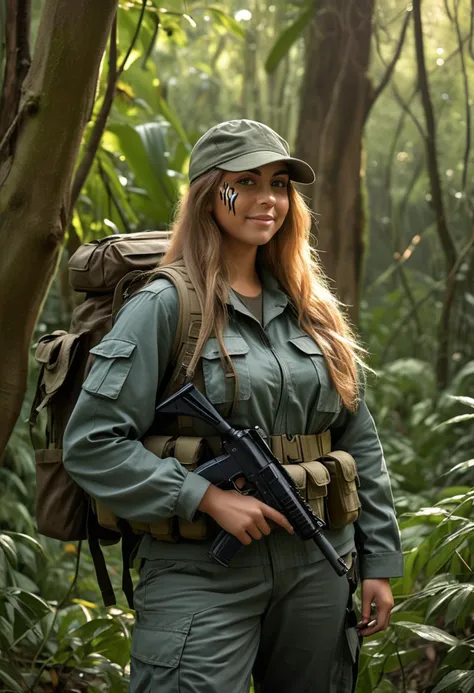 (medium full shot) of (stoic soldier) young woman, full-figured build, extra long hazel hair, arabian, tan skin, olive green eyes, wearing a tactical cap, navy blue field jacket, cargo pants, tactical backpack, tactical boots, camouflage face paint, body armor, tactical belt, wielding a pistol set in  a dense jungle, with towering trees, darting wildlife, shafts of sunlight , woman smiling, ,Masterpiece,best quality, raw photo, realistic, very aesthetic