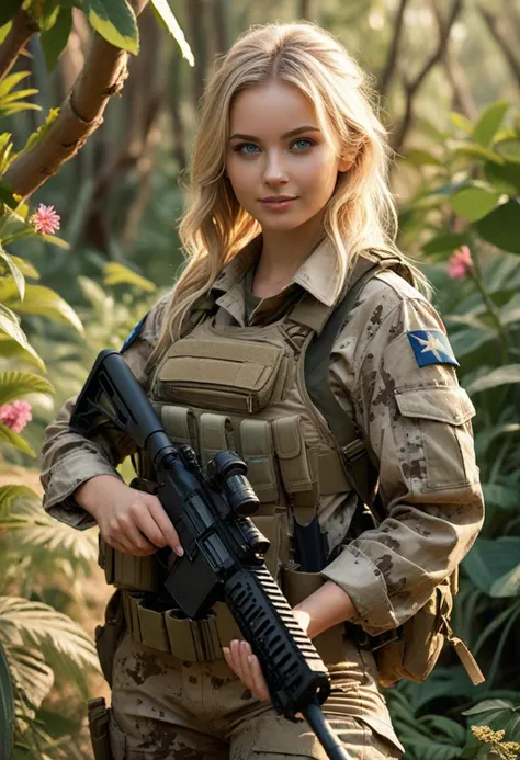 (medium full shot) of (disciplined soldier) young woman, curvy build, medium blonde hair, australian, pale skin, blue eyes, wearing a  urban camo military shirt, desert tan tactical pants, tactical holster, military boots, camouflage face paint, tactical backpack, medical kit, wielding a M4 carbine rifle set in  a dense jungle, with radiant flowers, vibrant foliage, soft light, serene ambiance , at sunset, woman smiling, ,Masterpiece,best quality, photo, realistic, very aesthetic