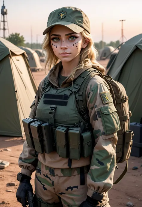 (medium full shot) of (tactical soldier) young woman, slim build, medium blonde hair, spanish, tan skin, jade green eyes, wearing a tactical cap, woodland camo camouflage jacket, combat pants, body armor, military boots, camouflage face paint, tactical backpack, compass, wielding a combat knife set in Forward Operating Base (FOB), Encampment with rows of tents and makeshift buildings, soldiers moving about with purpose, vehicles parked in designated areas, a radio tower transmitting signals, dusty terrain stretching into the distance , at sunset, woman smiling, detailed face, ,Masterpiece,best quality, photo, realistic, very aesthetic,