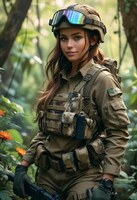 (medium full shot) of (brave soldier) young woman, willowy build, long hazel hair, italian, tan skin, light brown eyes, wearing a combat helmet, woodland camo utility shirt, camouflage tactical pants, tactical backpack, combat boots, camouflage face paint, body armor, tactical gloves, wielding a survival knife set in  a mystical jungle, with radiant flowers, magical light, vibrant colors, enchanted vibes , at night, woman smiling, ,Masterpiece,best quality, photo, realistic, very aesthetic