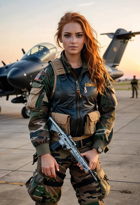 (medium full shot) of (fearless soldier) young woman, Medium build, extra long ginger hair, african, dark skin, brown eyes, wearing a  black camouflage jacket, desert tan tactical pants, tactical backpack, reinforced boots, camouflage face paint, tactical backpack, knee and elbow pads, wielding a combat knife set in  military base Helipad, Open space with helicopters parked in neat rows, rotor blades spinning as they prepare for takeoff, ground crew bustling around with refueling equipment, a sense of urgency in the air, the deafening roar of engines , at sunset, woman smiling, ,Masterpiece,best quality, photo, realistic, very aesthetic, detailed face,