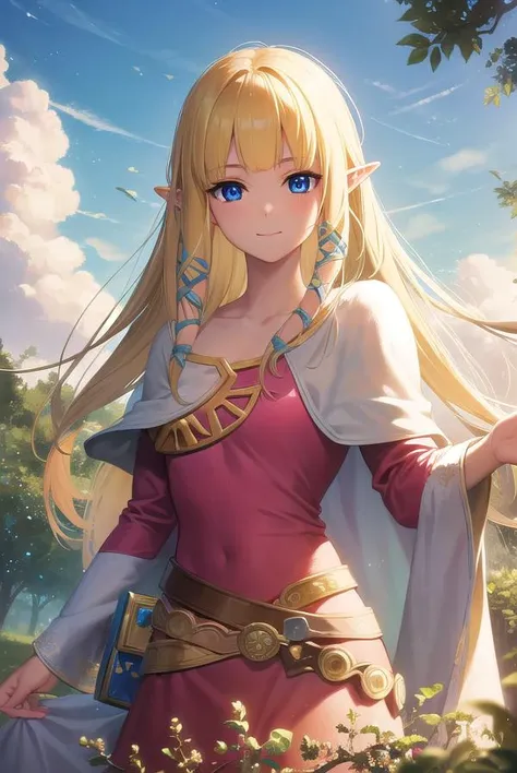 princesszelda, <lora:zelda skyward sword-lora-nochekaiser:1>,
zelda skyward sword, blonde hair, blue eyes, long hair, pointy ears, sidelocks, elf, bangs, blunt bangs, ribbons, hair ribbons, smile,
BREAK belt, cape, dress, long sleeves, (pink dress:1.2), (white cape:1.2),
BREAK outdoors, nature, forest, trees, grass, sun, sky, clouds,
BREAK looking at viewer,
BREAK <lyco:GoodHands-beta2:1>, (masterpiece:1.2), best quality, high resolution, unity 8k wallpaper, (illustration:0.8), (beautiful detailed eyes:1.6), extremely detailed face, perfect lighting, extremely detailed CG, (perfect hands, perfect anatomy),