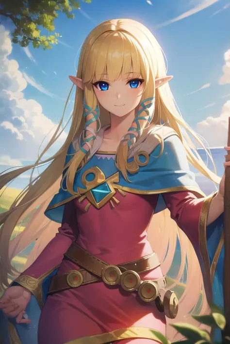 princesszelda, <lora:zelda skyward sword-lora-nochekaiser:1>,
zelda skyward sword, blonde hair, blue eyes, long hair, pointy ears, sidelocks, elf, bangs, blunt bangs, ribbons, hair ribbons, smile,
BREAK belt, cape, dress, long sleeves, (pink dress:1.2), (white cape:1.2),
BREAK outdoors, nature, forest, trees, grass, sun, sky, clouds,
BREAK looking at viewer,
BREAK <lyco:GoodHands-beta2:1>, (masterpiece:1.2), best quality, high resolution, unity 8k wallpaper, (illustration:0.8), (beautiful detailed eyes:1.6), extremely detailed face, perfect lighting, extremely detailed CG, (perfect hands, perfect anatomy),