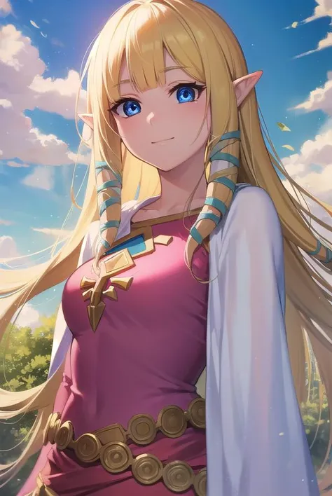 princesszelda, <lora:zelda skyward sword-lora-nochekaiser:1>,
zelda skyward sword, blonde hair, blue eyes, long hair, pointy ears, sidelocks, elf, bangs, blunt bangs, ribbons, hair ribbons, smile,
BREAK belt, cape, dress, long sleeves, (pink dress:1.2), (white cape:1.2),
BREAK outdoors, nature, forest, trees, grass, sun, sky, clouds,
BREAK looking at viewer,
BREAK <lyco:GoodHands-beta2:1>, (masterpiece:1.2), best quality, high resolution, unity 8k wallpaper, (illustration:0.8), (beautiful detailed eyes:1.6), extremely detailed face, perfect lighting, extremely detailed CG, (perfect hands, perfect anatomy),
