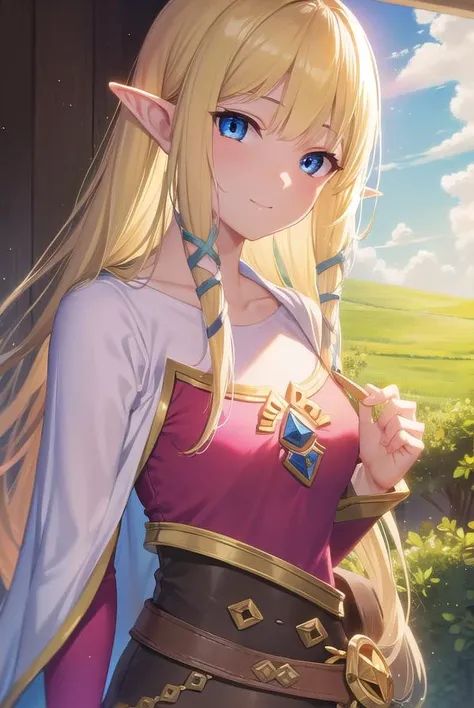 Princess zelda, showing armpits and pussy, half naked, smiling.