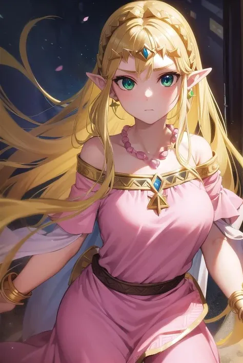 princesszelda, <lora:princesszelda-lora-nochekaiser:1>,
princess zelda, blonde hair, (green eyes:1.5), pointy ears, long hair, parted bangs,
BREAK bead necklace, beads, belt, bracer, cape, circlet, collarbone, dress, earrings, jewelry, necklace, triforce, triforce earrings, v-shaped eyebrows, white cape, (pink dress:1.5),
BREAK looking at viewer, full body,
BREAK outdoors,
BREAK <lyco:GoodHands-beta2:1>, (masterpiece:1.2), best quality, high resolution, unity 8k wallpaper, (illustration:0.8), (beautiful detailed eyes:1.6), extremely detailed face, perfect lighting, extremely detailed CG, (perfect hands, perfect anatomy),