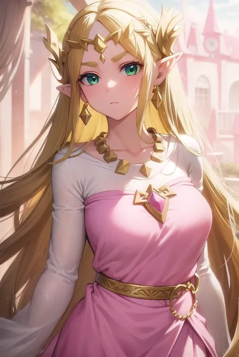 princesszelda, <lora:princesszelda-lora-nochekaiser:1>,
princess zelda, blonde hair, (green eyes:1.5), pointy ears, long hair, parted bangs,
BREAK bead necklace, beads, belt, bracer, cape, circlet, collarbone, dress, earrings, jewelry, necklace, triforce, triforce earrings, v-shaped eyebrows, white cape, (pink dress:1.5),
BREAK looking at viewer, full body,
BREAK outdoors,
BREAK <lyco:GoodHands-beta2:1>, (masterpiece:1.2), best quality, high resolution, unity 8k wallpaper, (illustration:0.8), (beautiful detailed eyes:1.6), extremely detailed face, perfect lighting, extremely detailed CG, (perfect hands, perfect anatomy),