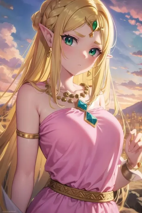 princesszelda, <lora:princesszelda-lora-nochekaiser:1>,
princess zelda, blonde hair, (green eyes:1.5), pointy ears, long hair, parted bangs,
BREAK bead necklace, beads, belt, bracer, cape, circlet, collarbone, dress, earrings, jewelry, necklace, triforce, triforce earrings, v-shaped eyebrows, white cape, (pink dress:1.5),
BREAK looking at viewer, full body,
BREAK outdoors,
BREAK <lyco:GoodHands-beta2:1>, (masterpiece:1.2), best quality, high resolution, unity 8k wallpaper, (illustration:0.8), (beautiful detailed eyes:1.6), extremely detailed face, perfect lighting, extremely detailed CG, (perfect hands, perfect anatomy),
