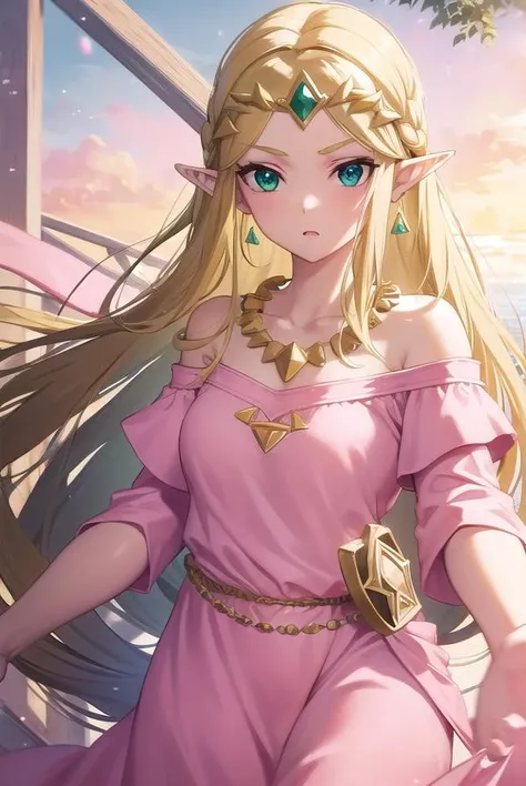 princesszelda, <lora:princesszelda-lora-nochekaiser:1>,
princess zelda, blonde hair, (green eyes:1.5), pointy ears, long hair, parted bangs,
BREAK bead necklace, beads, belt, bracer, cape, circlet, collarbone, dress, earrings, jewelry, necklace, triforce, triforce earrings, v-shaped eyebrows, white cape, (pink dress:1.5),
BREAK looking at viewer, full body,
BREAK outdoors,
BREAK <lyco:GoodHands-beta2:1>, (masterpiece:1.2), best quality, high resolution, unity 8k wallpaper, (illustration:0.8), (beautiful detailed eyes:1.6), extremely detailed face, perfect lighting, extremely detailed CG, (perfect hands, perfect anatomy),