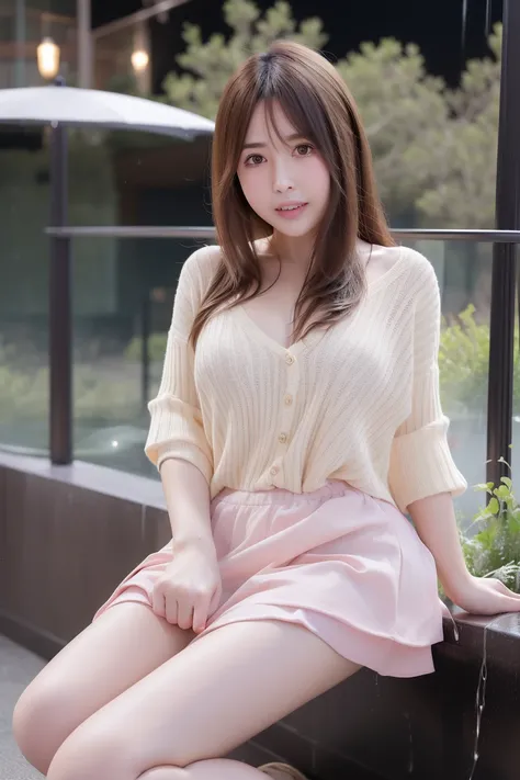 ((full body)), (8k, best quality, masterpiece:1.2), (realistic, photo-realistic:1.37), ultra-detailed, 1 girl,cute, solo,beautiful detailed sky,detailed cafe,night,sitting,dating,(nose blush),(smile:1.15),(closed mouth) small breasts,beautiful detailed eyes,(collared shirt:1.1), night, wet,business attire, rain,white lace, floating hair NovaFrogStyle, <lora:evelyn-v15:0.8>