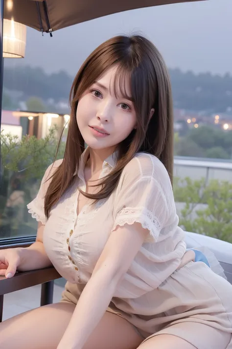 ((full body)), (8k, best quality, masterpiece:1.2), (realistic, photo-realistic:1.37), ultra-detailed, 1 girl,cute, solo,beautiful detailed sky,detailed cafe,night,sitting,dating,(nose blush),(smile:1.15),(closed mouth) small breasts,beautiful detailed eyes,(collared shirt:1.1), night, wet,business attire, rain,white lace, floating hair NovaFrogStyle, <lora:evelyn-v15:0.8>