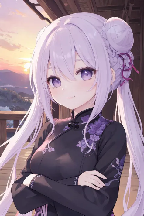 keqing, pale purple hair, twintails, purple eye, double bun, crossed bangs, ((ultra-detailed)), ((illustration)), (beautiful detailed eyes), cheongsam, outdoors, sunset, vibrant colors, sharp focus, best quality, masterpiece, intricate patterns, arms crossed, smile,