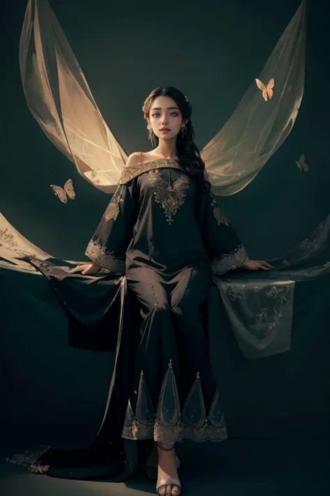 A Photograph that captures a mesmerizing scene of a woman floating effortlessly in mid-air, surrounded by a halo of glowing butterflies. Her serene expression and flowing gown lend an ethereal quality to the image, as if she exists in a realm between dreams and reality, zig-zag pattern, (((_embroidery15_))), black dress, shalwar, <lora:xyzsanshalwarqameez:0.8>