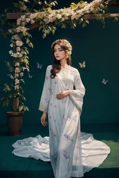 A Photograph that captures a mesmerizing scene of a woman floating effortlessly in mid-air, surrounded by a halo of glowing butterflies. Her serene expression and flowing gown lend an ethereal quality to the image, as if she exists in a realm between dreams and reality, zig-zag pattern, (((_embroidery15_))), white dress, shalwar, (floral print:1.2), <lora:xyzsanshalwarqameez:0.8>