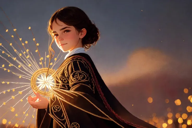 (((((_embroidery15_))))),
((hermione granger), (young emma watson), mila kunis), brown [eyes], short curly (brown) hair,
hogwarts school uniform, (black wizard_robe:1) [with scarlet and gold trim], (white shirt:1), long (black school skirt:1), knee length (white socks:1), (black shoes:1) [mary-janes], [scarlet and gold striped tie],
walking in dark hogwarts rose garden at night, fairy lights, (proud smile), ((curtseying)), ((curtsey)),
full-body shot, wide angle,
modelshoot style, (extremely detailed CG unity 8k wallpaper), full shot body photo of the most beautiful artwork in the world, professional majestic oil painting by Ed Blinkey, Atey Ghailan, Studio Ghibli, by Jeremy Mann, Greg Manchess, Antonio Moro, trending on ArtStation, trending on CGSociety, Intricate, High Detail, Sharp focus, dramatic, photorealistic painting art by midjourney and greg rutkowski, by art germ,