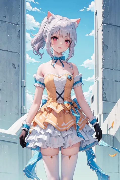 , masterpiece, best quality,shiny,chromatic aberration abuse,pastel color,cowboy shot, 
<lora:xxc:0.5>,xxc, 1girl, solo,red eyes,cat ears,animal ears,(white hair,),ponytail, ,smile,standing,
strapless dress,bow, yellow dress,white thighhighs, high heels, blue ribbon,gloves,<lora:OrangePrincessV2:1>
lake,autumn leaves, mountainous horizon,