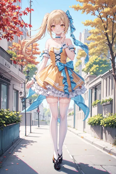 , masterpiece, best quality,shiny,chromatic aberration abuse,pastel color,full body,
1girl,solo, smile,blonde hair,yellow eyes,twintails,
autumn,outdoors, park,
<lora:OrangeV2:1> strapless dress,bow, yellow dress,white thighhighs, blue ribbon,