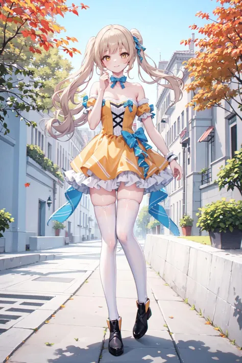 , masterpiece, best quality,shiny,chromatic aberration abuse,pastel color,full body,
1girl,solo, smile,blonde hair,yellow eyes,twintails, 
autumn,outdoors, park,
 <lora:OrangeV2:1> strapless dress,bow, yellow dress,white thighhighs,  blue ribbon,